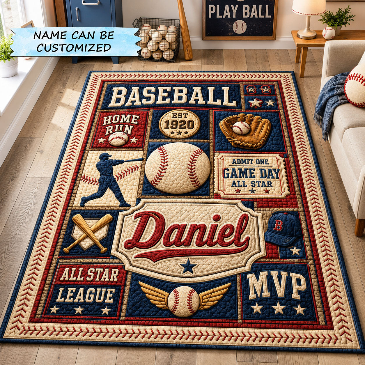 Personalized Baseball League Area Rug - Non-Slip Washable 3D Print Rug for Living Room & BedroomTVC2108401