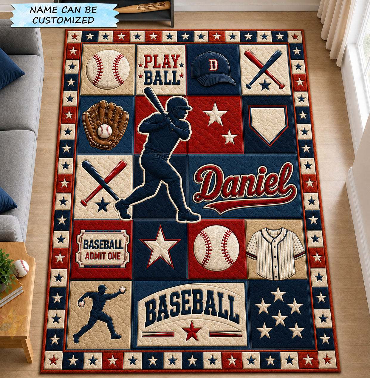 Personalized Baseball Patchwork Area Rug - Non-Slip Washable 3D Print Rug for Living Room & BedroomTVC2108401