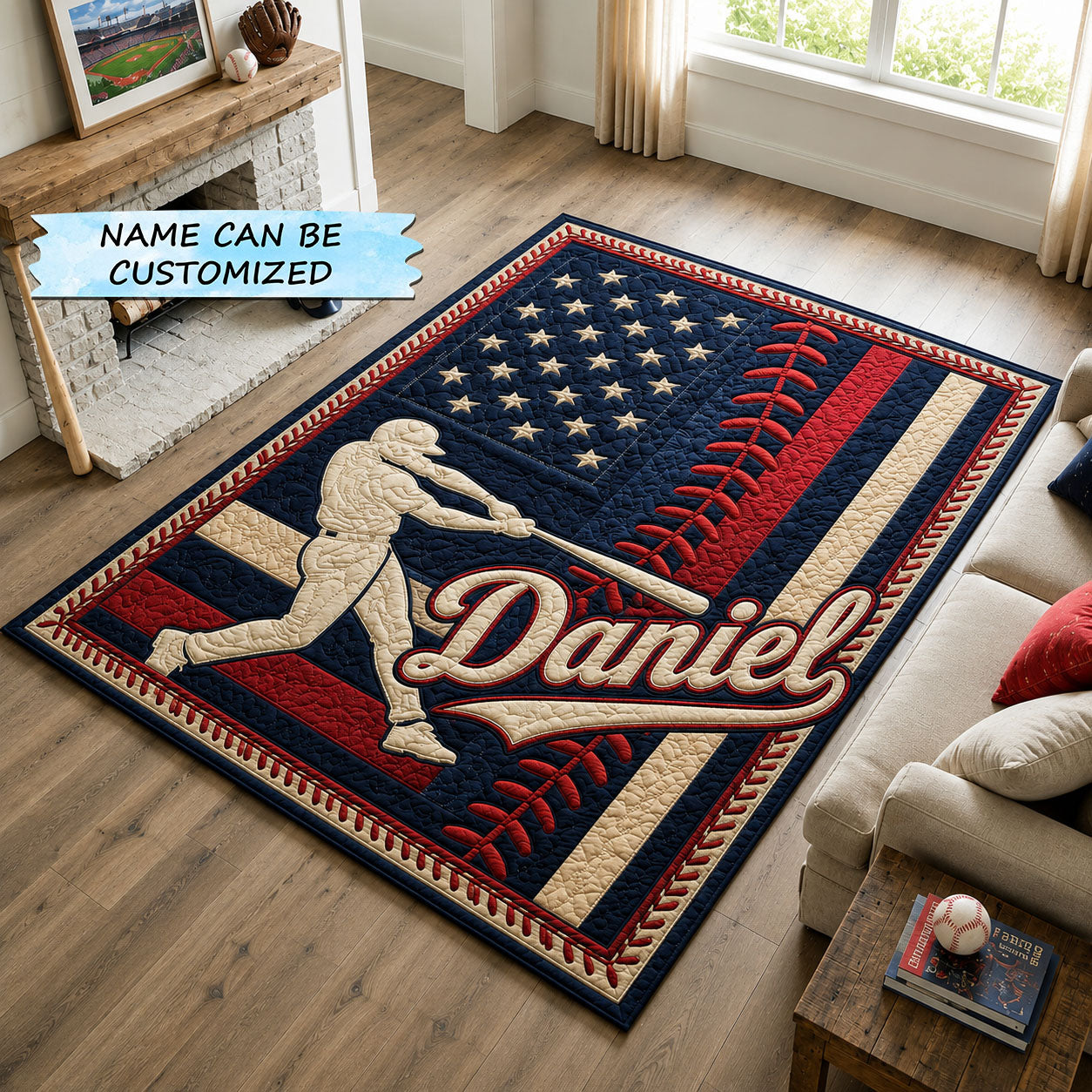 Personalized Baseball Patriotic Area Rug - Non-Slip Washable 3D Print Rug for Living Room & BedroomTVC2108401