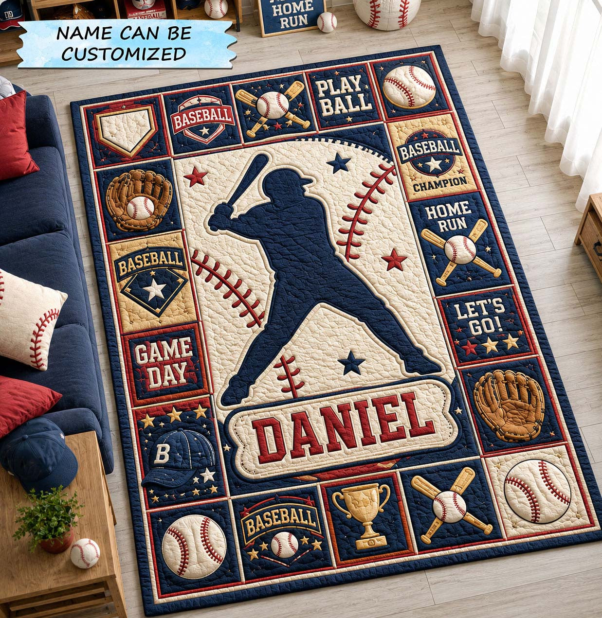 Personalized Baseball Slugger Area Rug - Non-Slip Washable 3D Print Rug for Living Room & BedroomTVC2108401