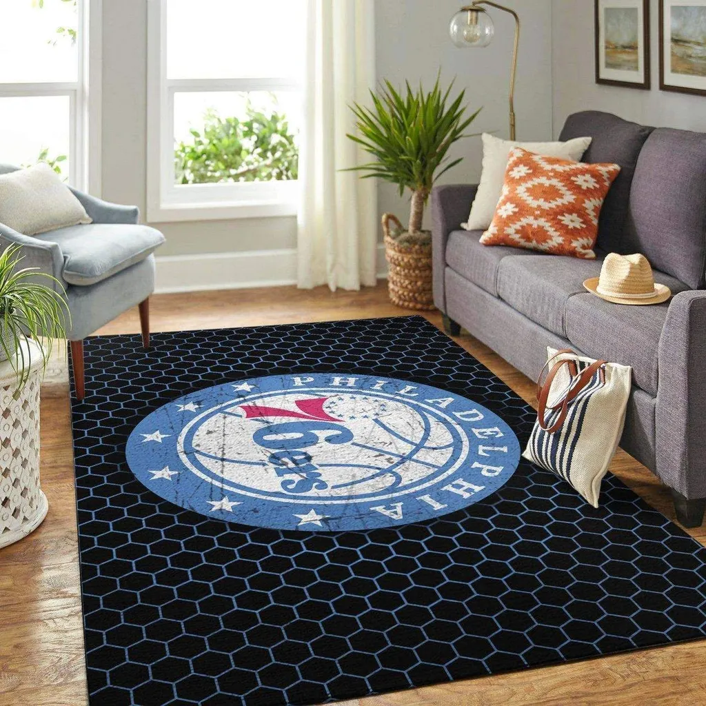 Philadelphia 76ers Rug - Hexagon Pattern Modern Area Black and Blue