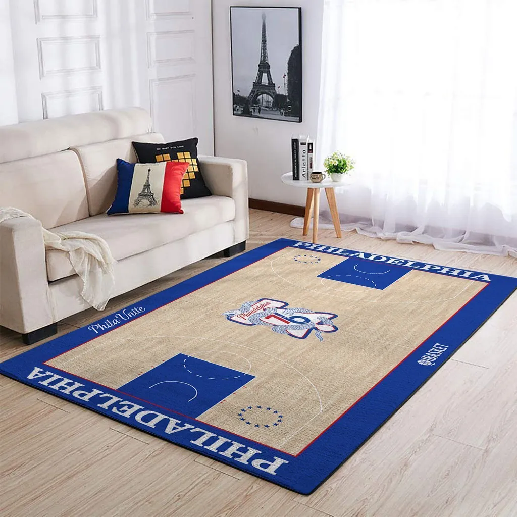 Philadelphia Basketball Court Area Rug for Living Room Decor Beige and Blue