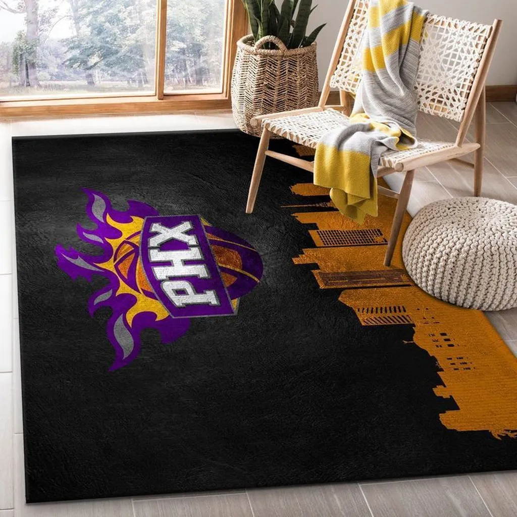 Phoenix Basketball Area Rug for Living Room Decor Black and Purple