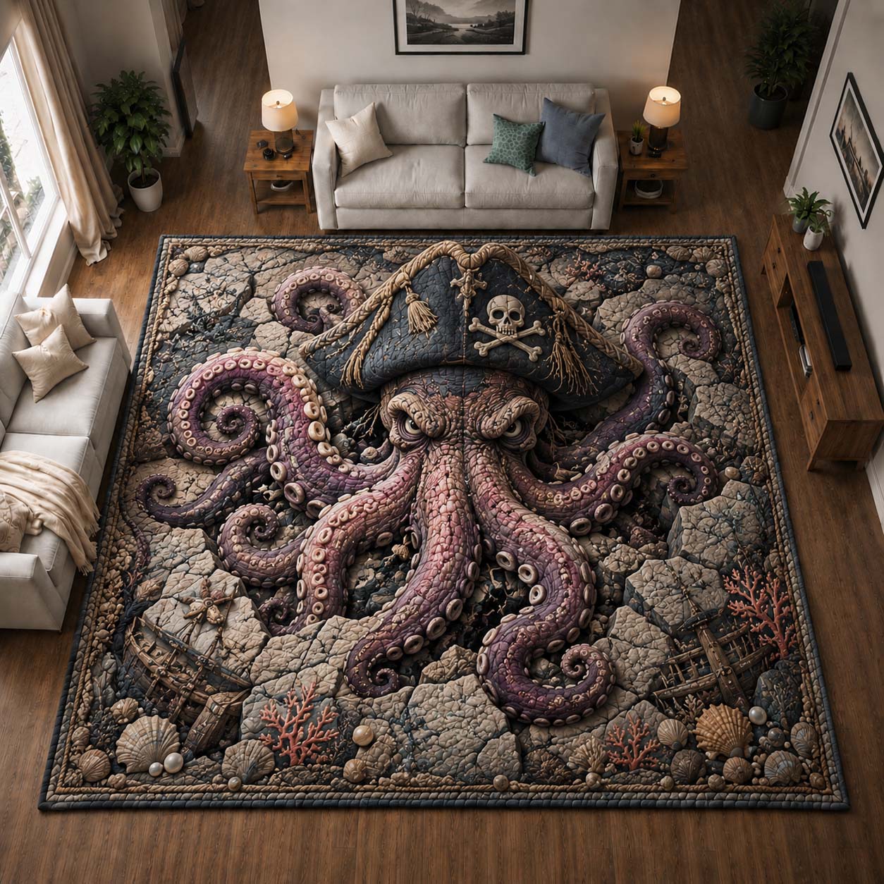 Pirate Kraken Reef Area Rug - Non-Slip Washable 3D Print Rug for Living Room & BedroomTVC2108401