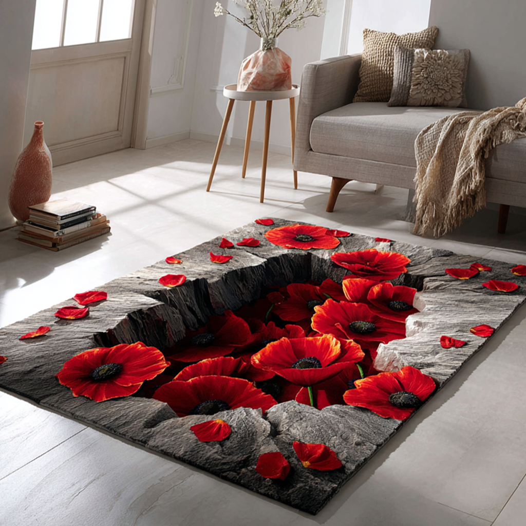 Poppy Blossom Area Rug - Non-Slip Washable 3D Print Rug for Living Room & BedroomTVC2108283