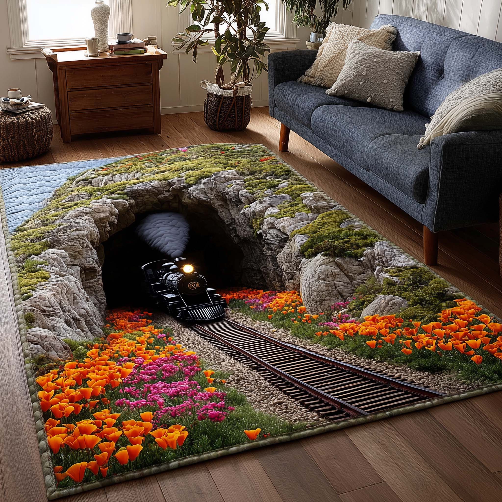 Poppy Canyon Train Area Rug - Non-Slip Washable 3D Print Rug for Living Room & BedroomTVC2108400