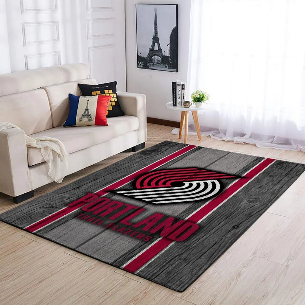 Portland Trail Blazers Rug - Wooden Floor Design Area Red and Gray