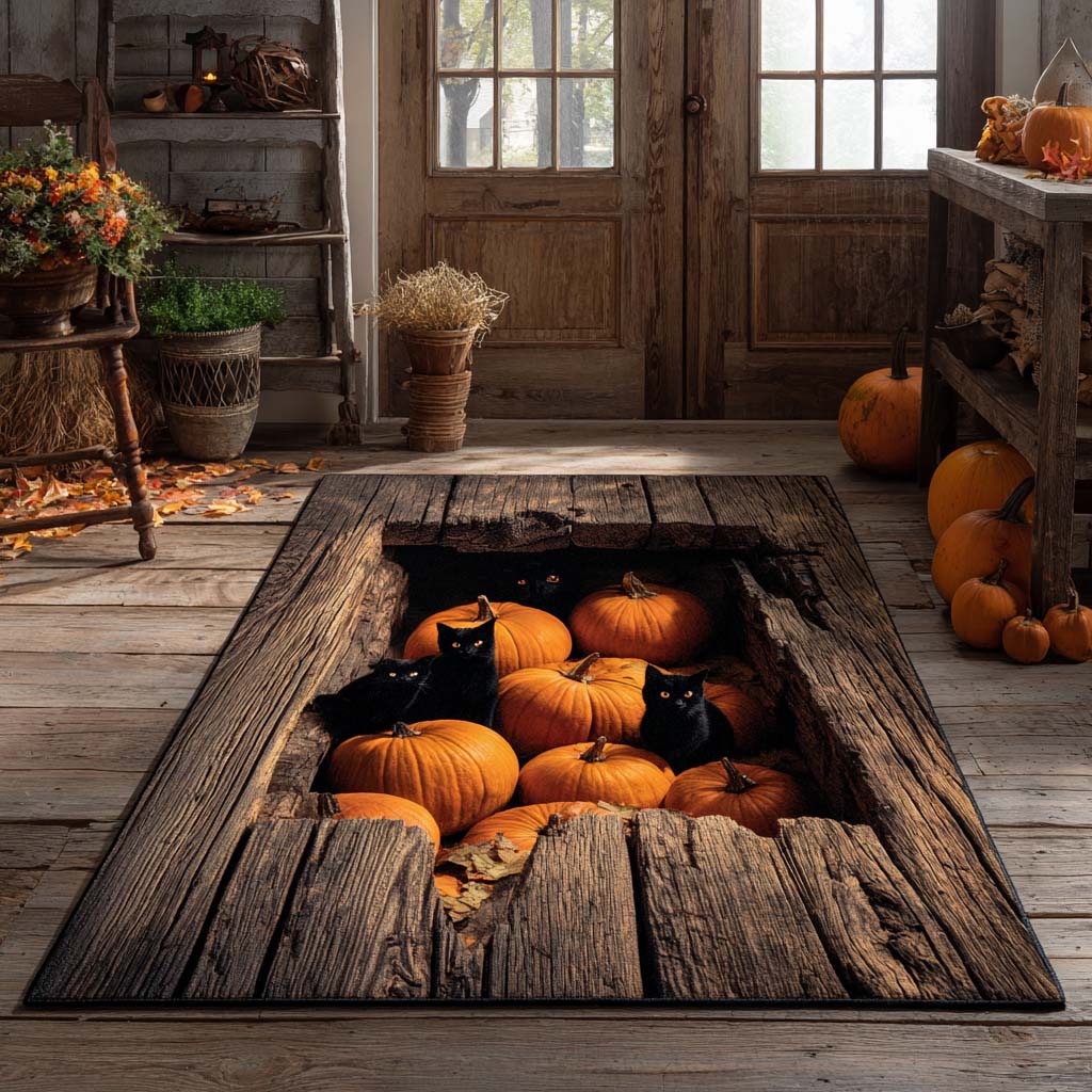 Pumpkin Cat Hollow Halloween Area Rug - Non-Slip Washable 3D Print Rug for Living Room & BedroomTVC2108282