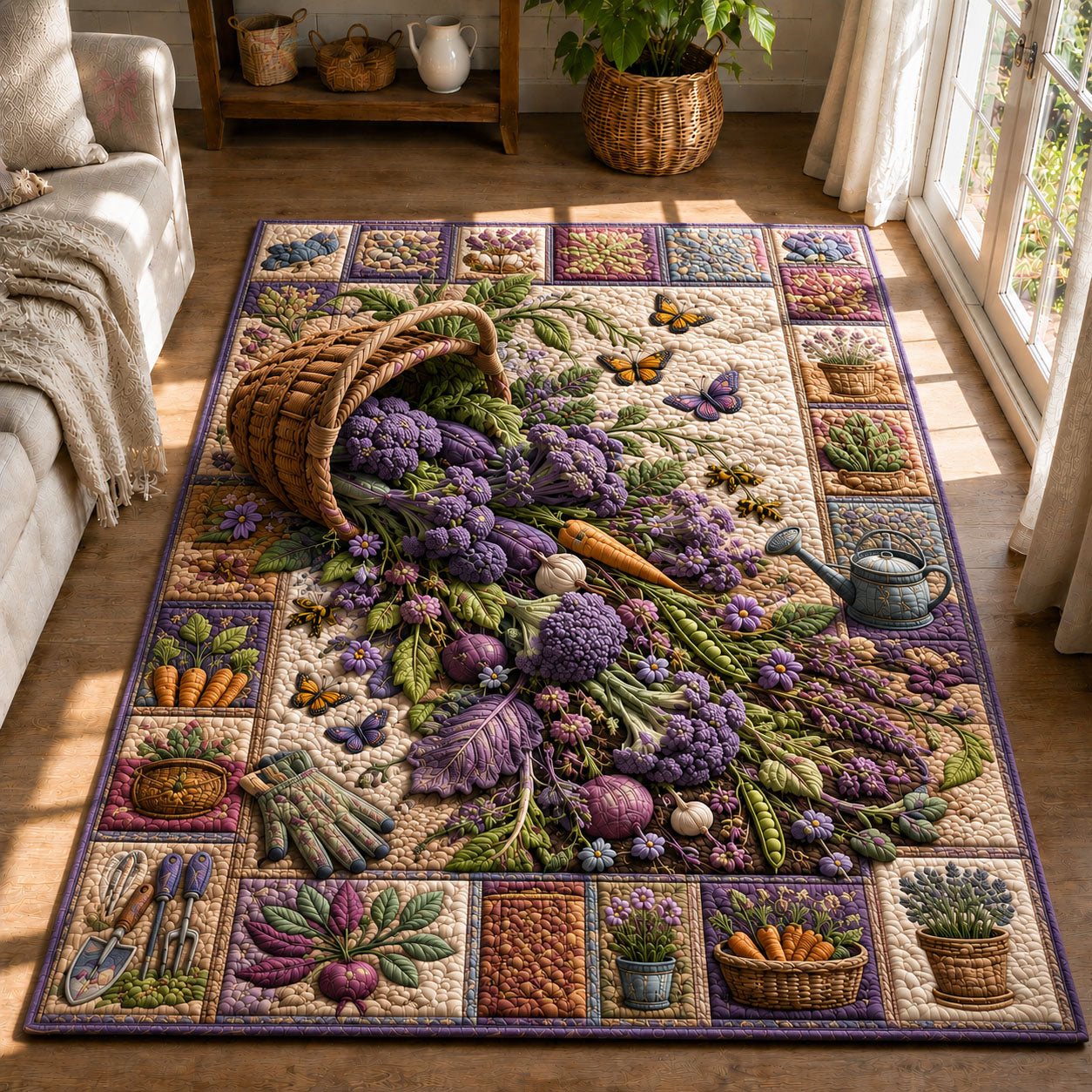 Purple Broccoli Harvest Basket Garden Area Rug - Non-Slip Washable 3D Print Rug for Living Room & BedroomTVC2108399