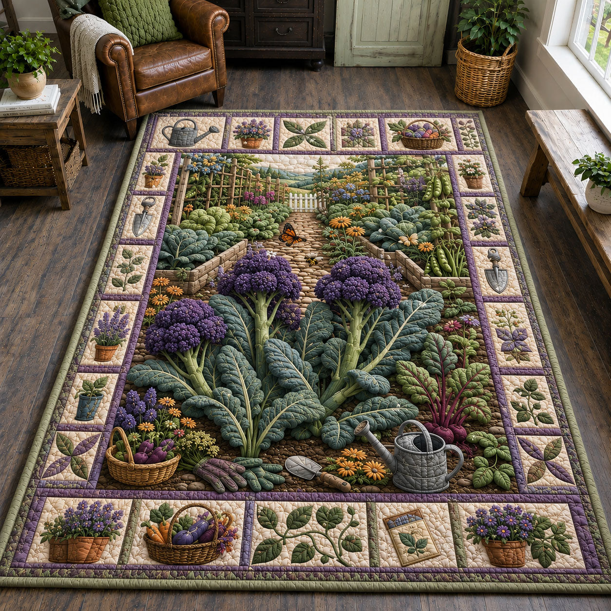 Purple Broccoli Kale Cottage Garden Area Rug - Non-Slip Washable 3D Print Rug for Living Room & BedroomTVC2108399