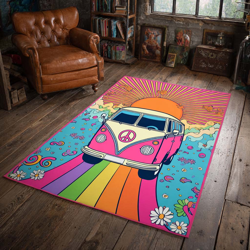 Rainbow Sunset Van Area Rug - Non-Slip Washable 3D Print Rug for Living Room & BedroomTVC2108280