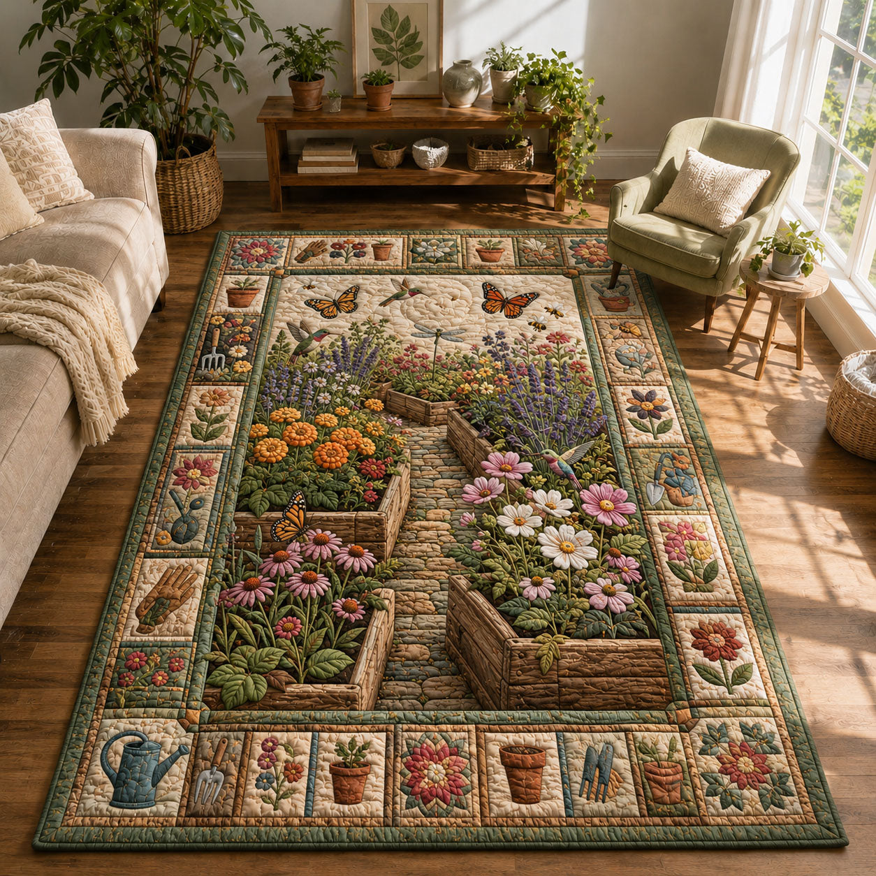 Raised Bed Flower Garden Area Rug - Non-Slip Washable 3D Print Rug for Living Room & BedroomTVC2108398
