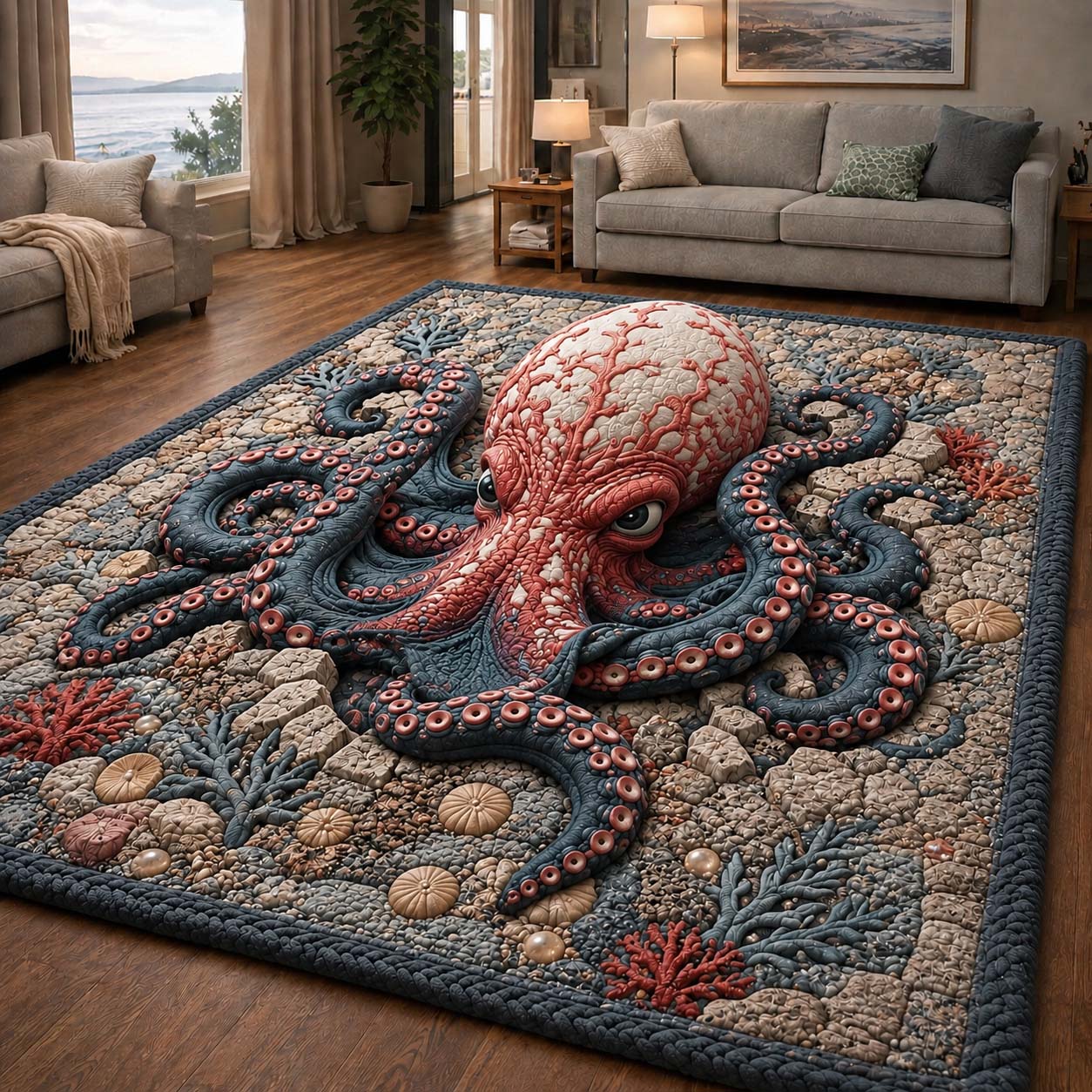 Red Reef Kraken Area Rug - Non-Slip Washable 3D Print Rug for Living Room & BedroomTVC2108398