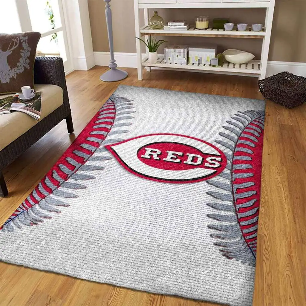 Reds Baseball Stitch Area Rug for Home Decor Room Red and Gray