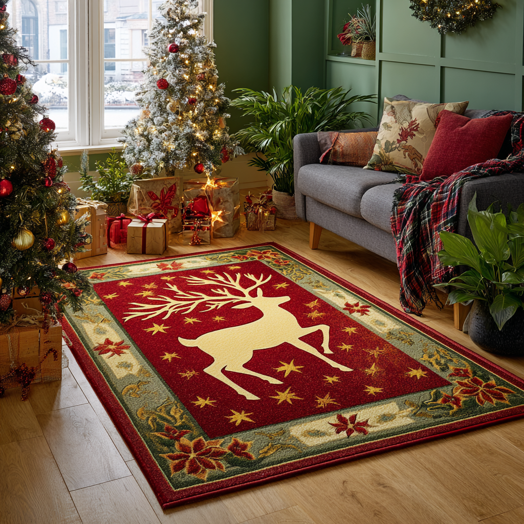 Reindeer Light Christmas Area Rug - Non-Slip Washable 3D Print Rug for Living Room & BedroomTVC2108279