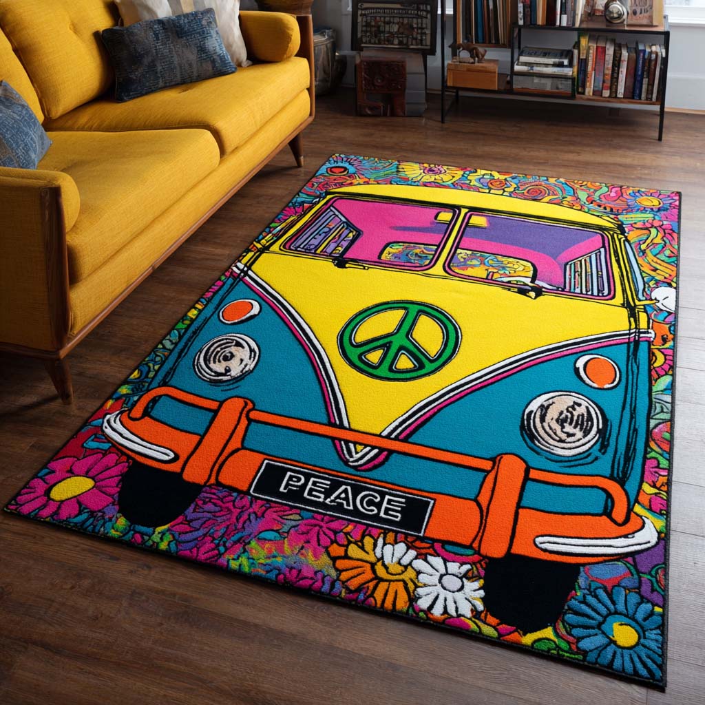 Retro Van Flower Power Area Rug - Non-Slip Washable 3D Print Rug for Living Room & BedroomTVC2108278