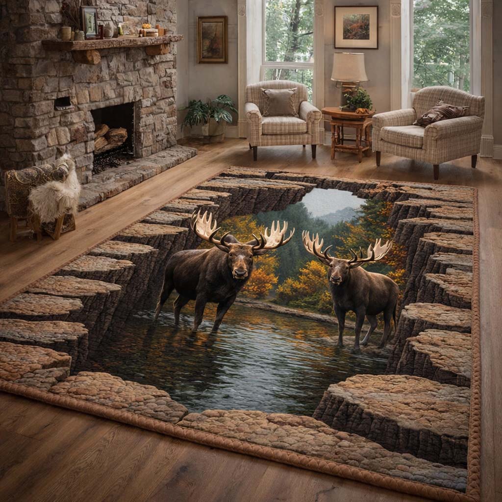 Riverbend Moose Area Rug - Non-Slip Washable 3D Print Rug for Living Room & BedroomTVC2108396
