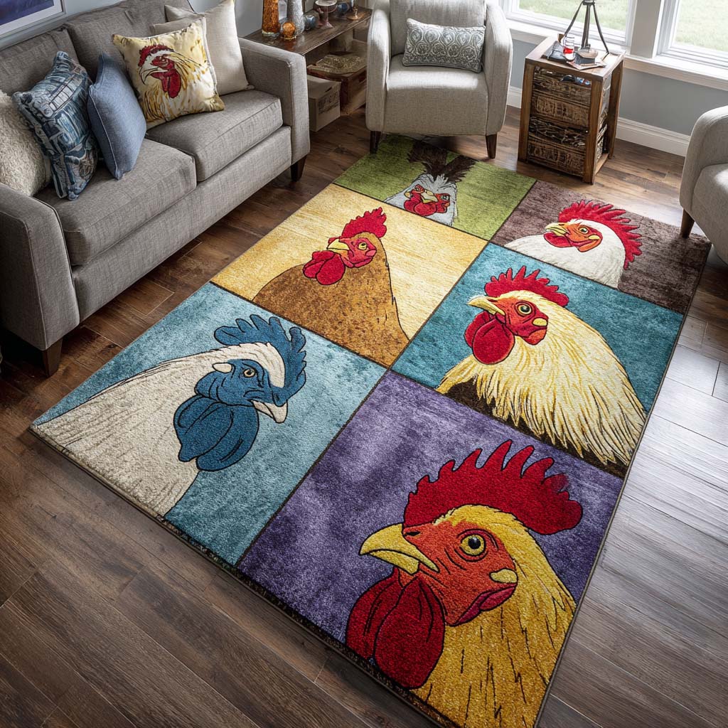 Rooster Patchwork Area Rug - Non-Slip Washable 3D Print Rug for Living Room & BedroomTVC2108277