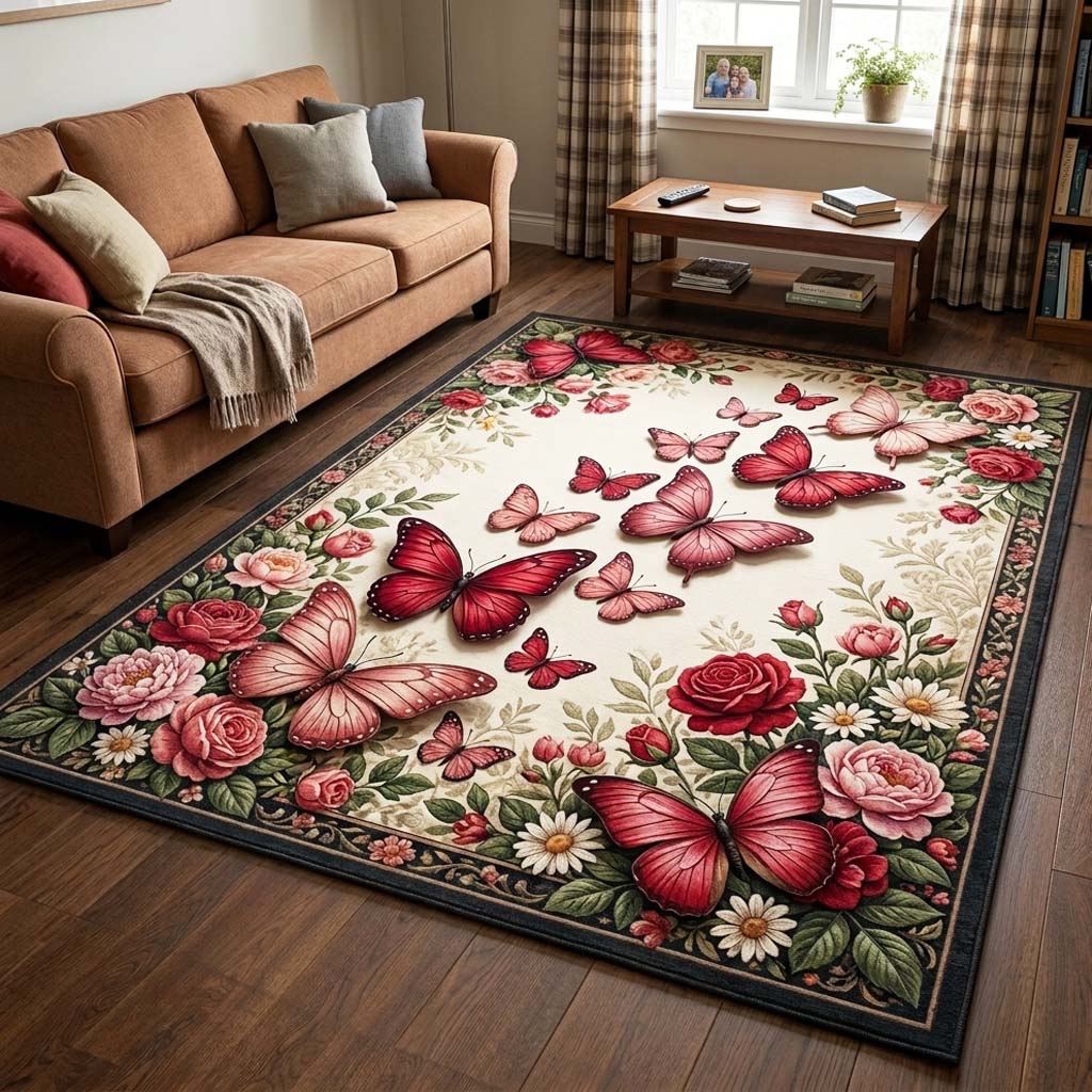Rose Flutter Area Rug - Non-Slip Washable 3D Print Rug for Living Room & BedroomTVC2108396