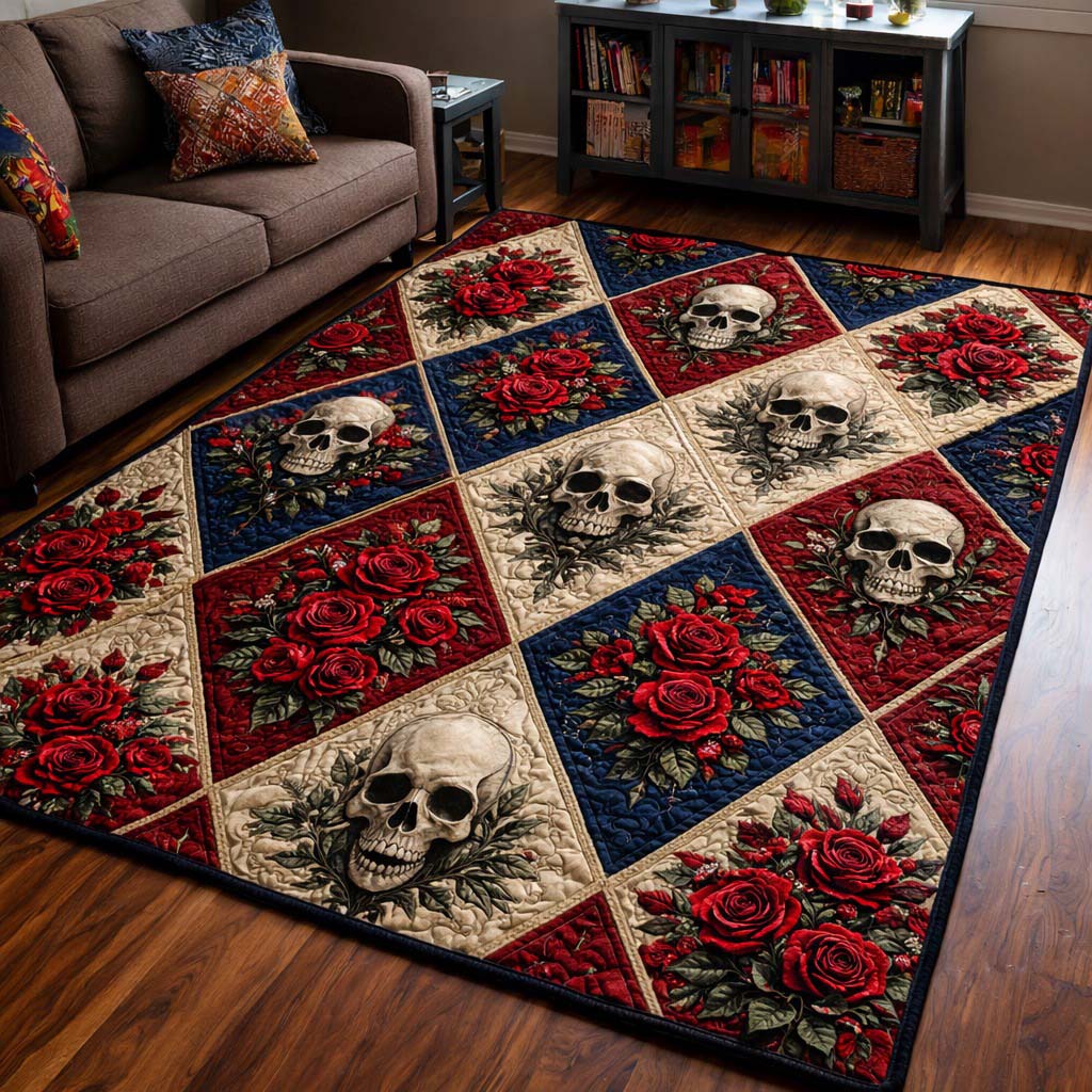 Rose Skull Patchwork Area Rug - Non-Slip Washable 3D Print Rug for Living Room & BedroomTVC2108396