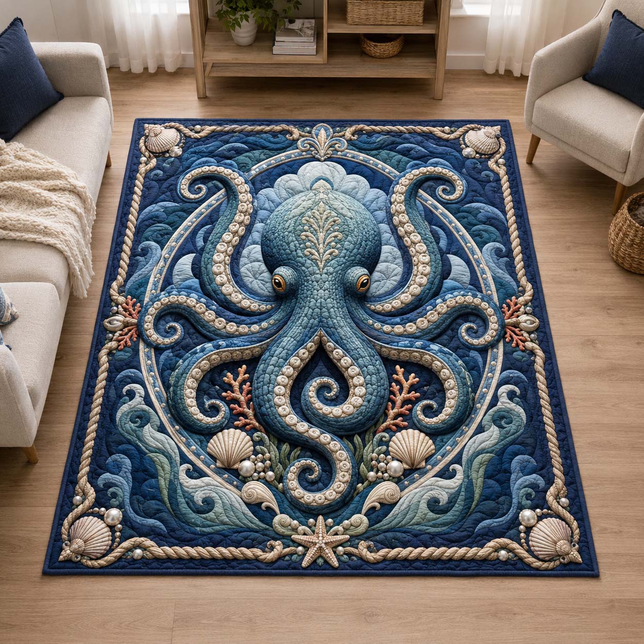 Royal Blue Octopus Area Rug - Non-Slip Washable 3D Print Rug for Living Room & BedroomTVC2108396