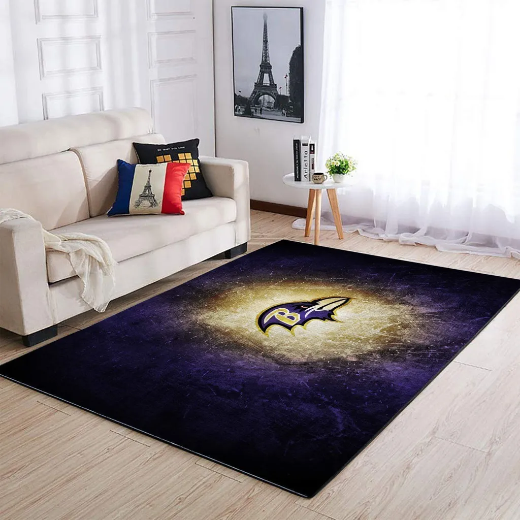 Rug with Bold Sports Logo Design for Living Room Purple and Yellow