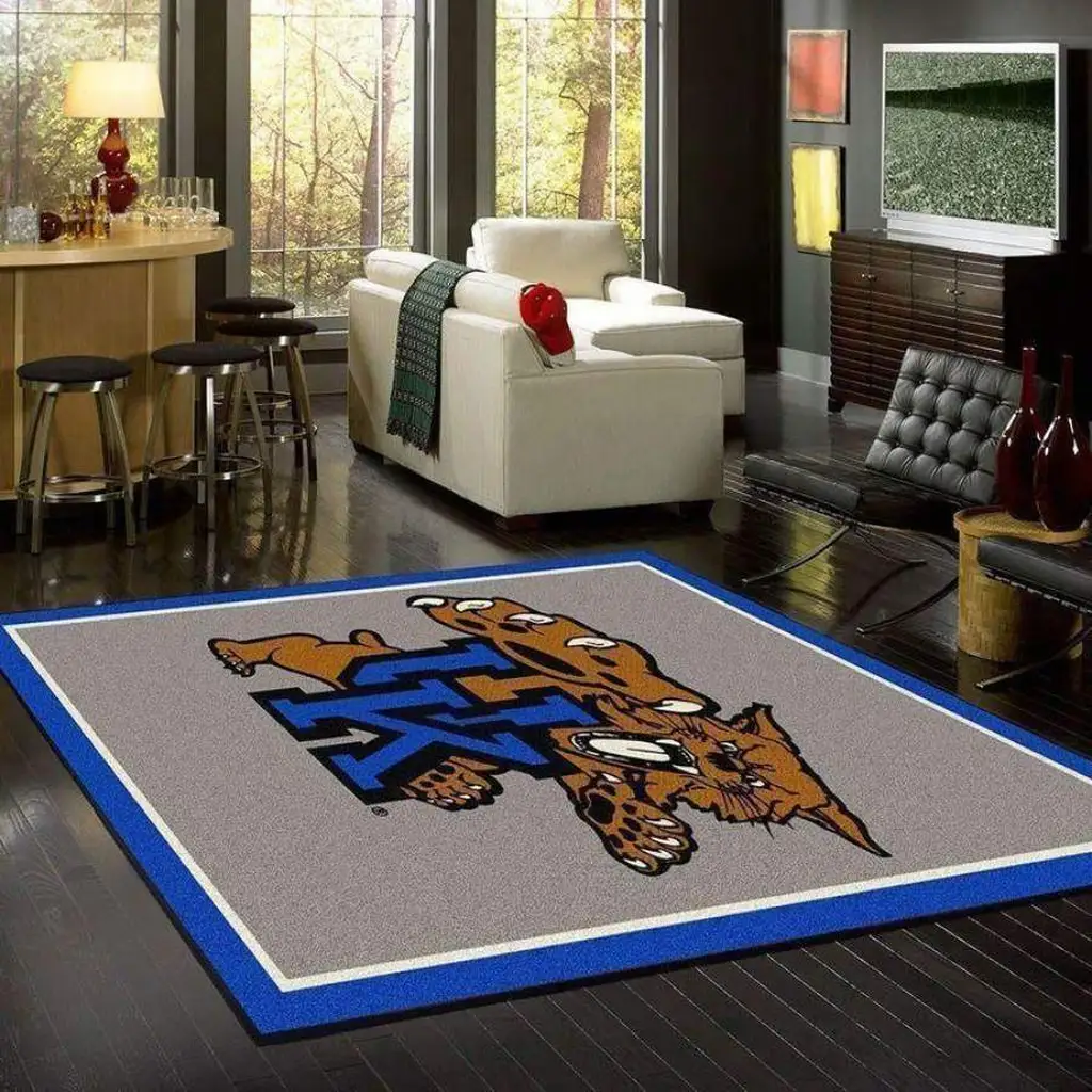 Rug with Wildcat Logo Ideal for Living Room Decoration Blue and Gray