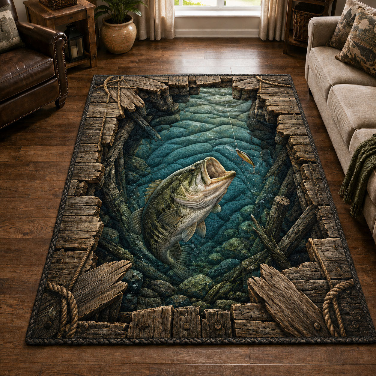 Rustic Bass Dock Illusion Area Rug - Non-Slip Washable 3D Print Rug for Living Room & BedroomTVC2108365