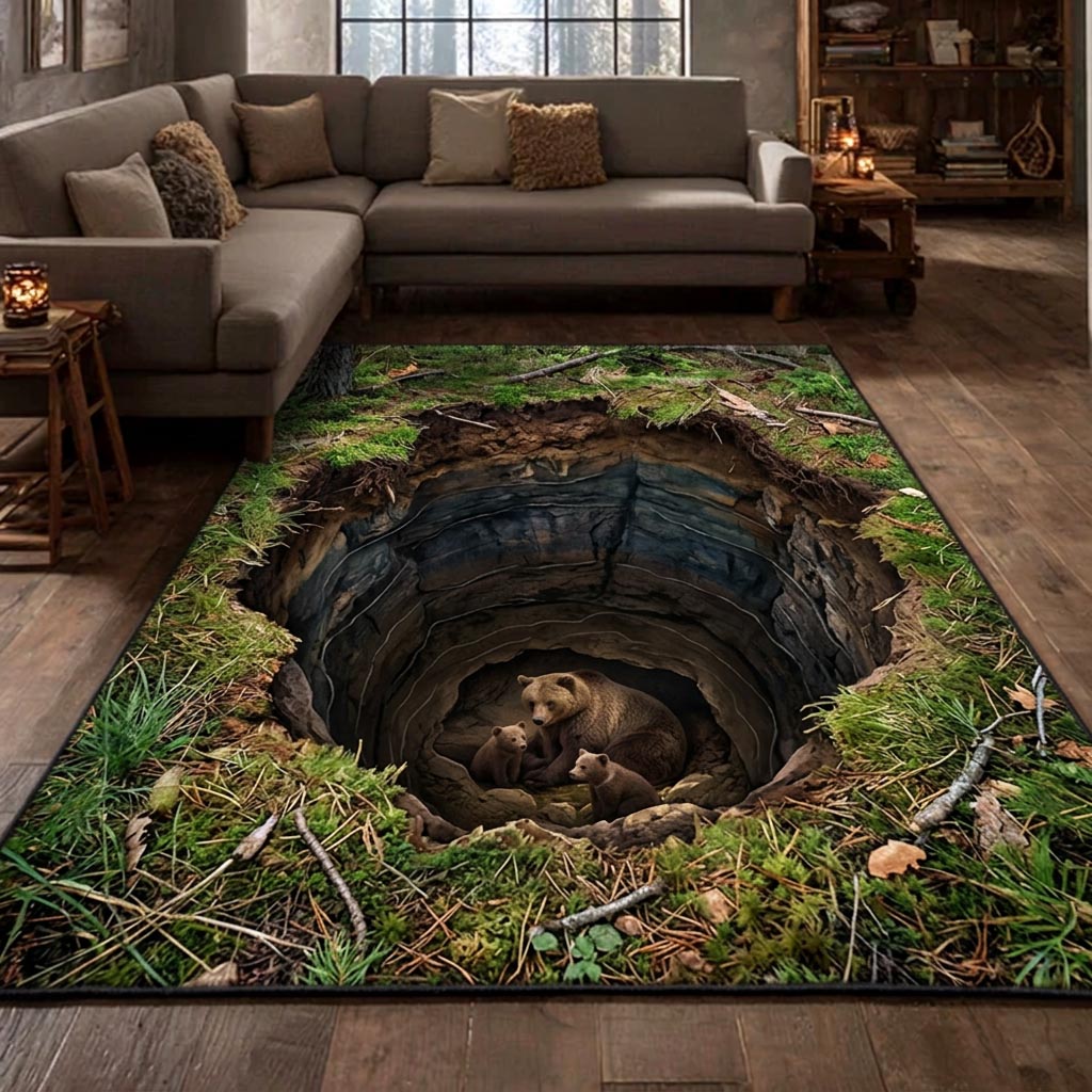 Rustic Bear Area Rug - Non-Slip Washable 3D Print Rug for Living Room & BedroomTVC2108396