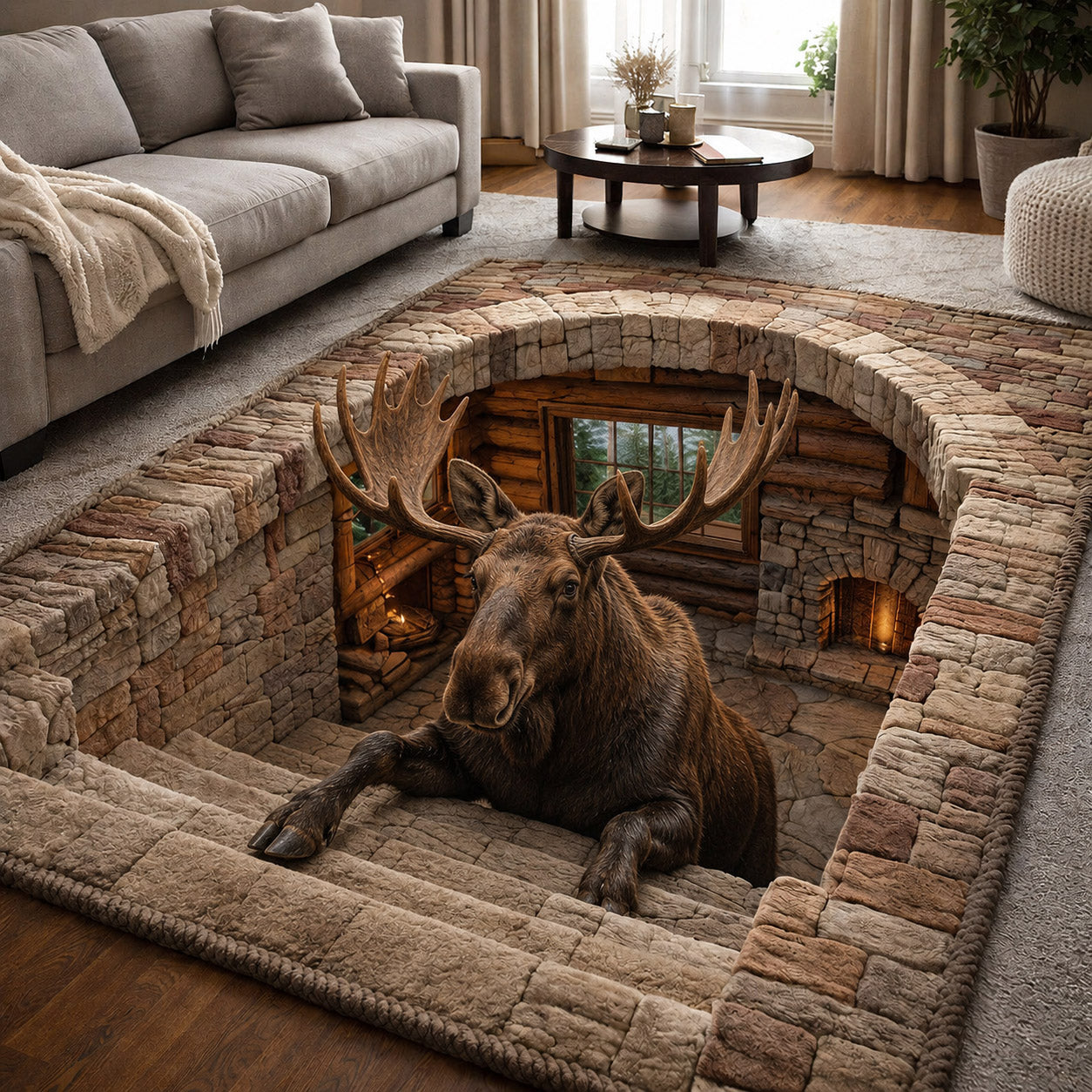 Rustic Moose Area Rug - Non-Slip Washable 3D Print Rug for Living Room & Bedroom (DesignTVC2108396