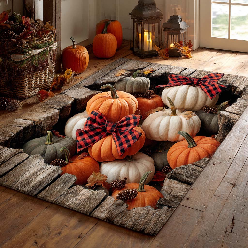 Rustic Plaid Pumpkins Halloween Area Rug - Non-Slip Washable 3D Print Rug for Living Room & BedroomTVC2108276