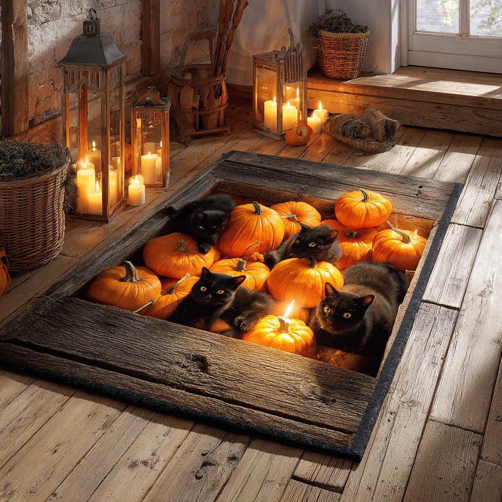 Rustic Pumpkin Cats Halloween Area Rug - Non-Slip Washable 3D Print Rug for Living Room & BedroomTVC2108276