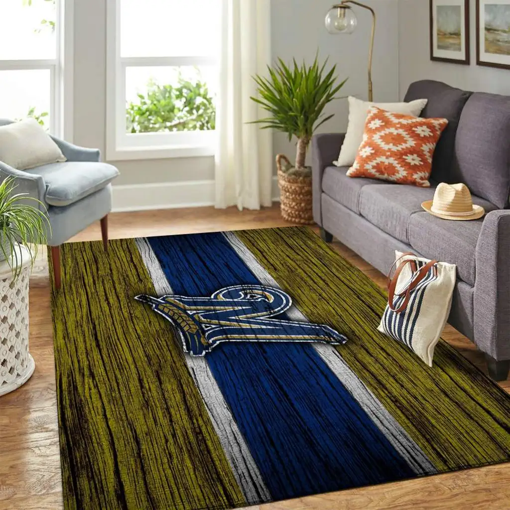 Rustic Striped Rug with Team Logo for Living Room Decor Blue and Green