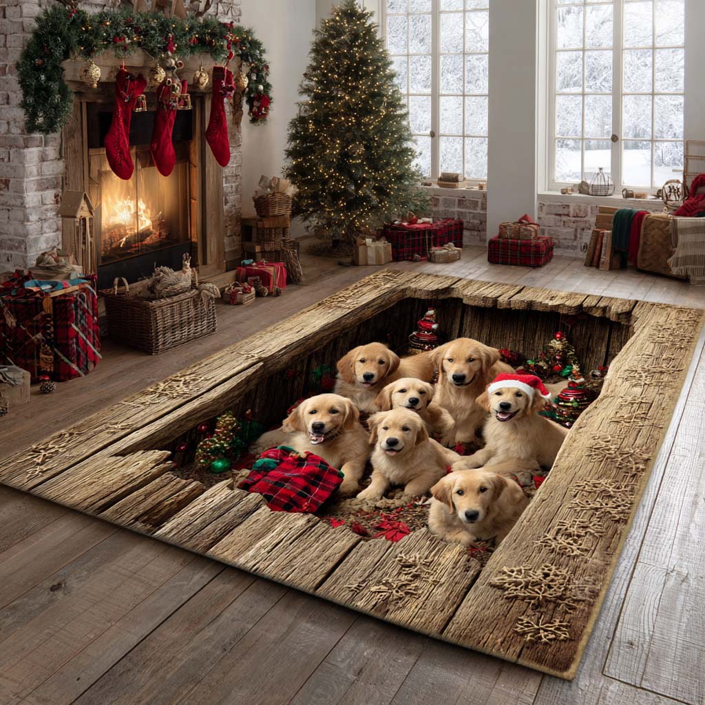 Rustic Yuletide Goldens Christmas Area Rug - Non-Slip Washable 3D Print Rug for Living Room & BedroomTVC2108275
