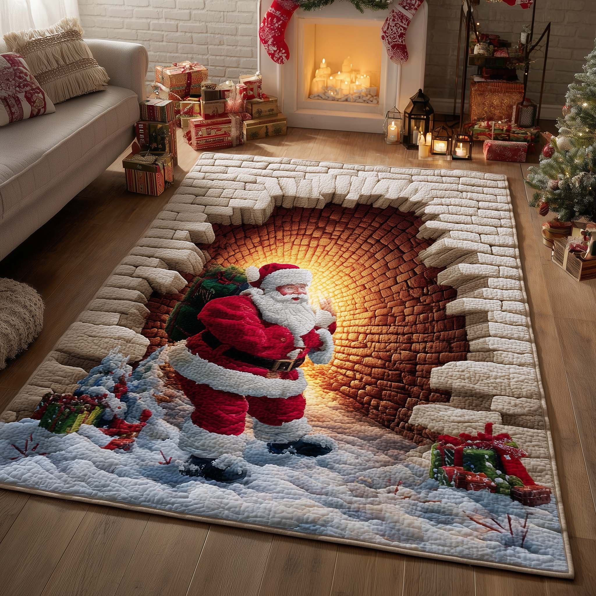 Santa Chimney Tunnel Christmas Area Rug - Non-Slip Washable 3D Print Rug for Living Room & BedroomTVC2108365
