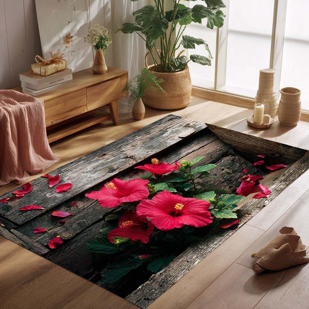 Scarlet Hibiscus Area Rug - Non-Slip Washable 3D Print Rug for Living Room & BedroomTVC2108252