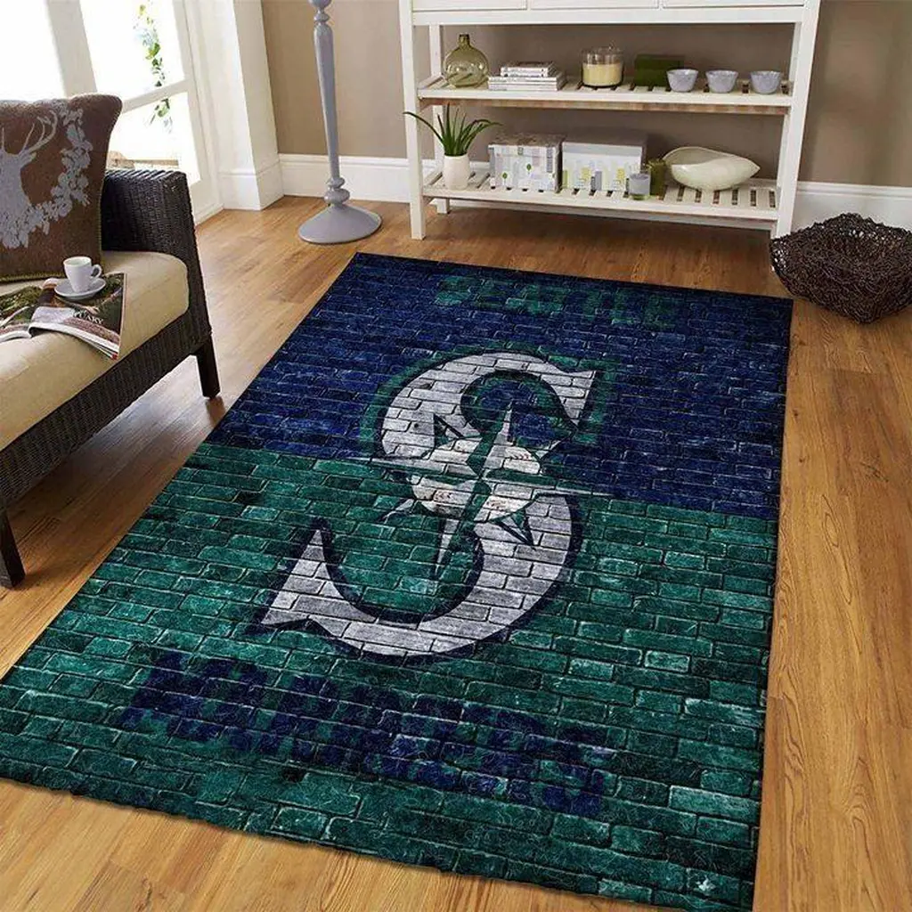 Seattle Mariners Rug - Baseball Area Team Design Blue and Yellow