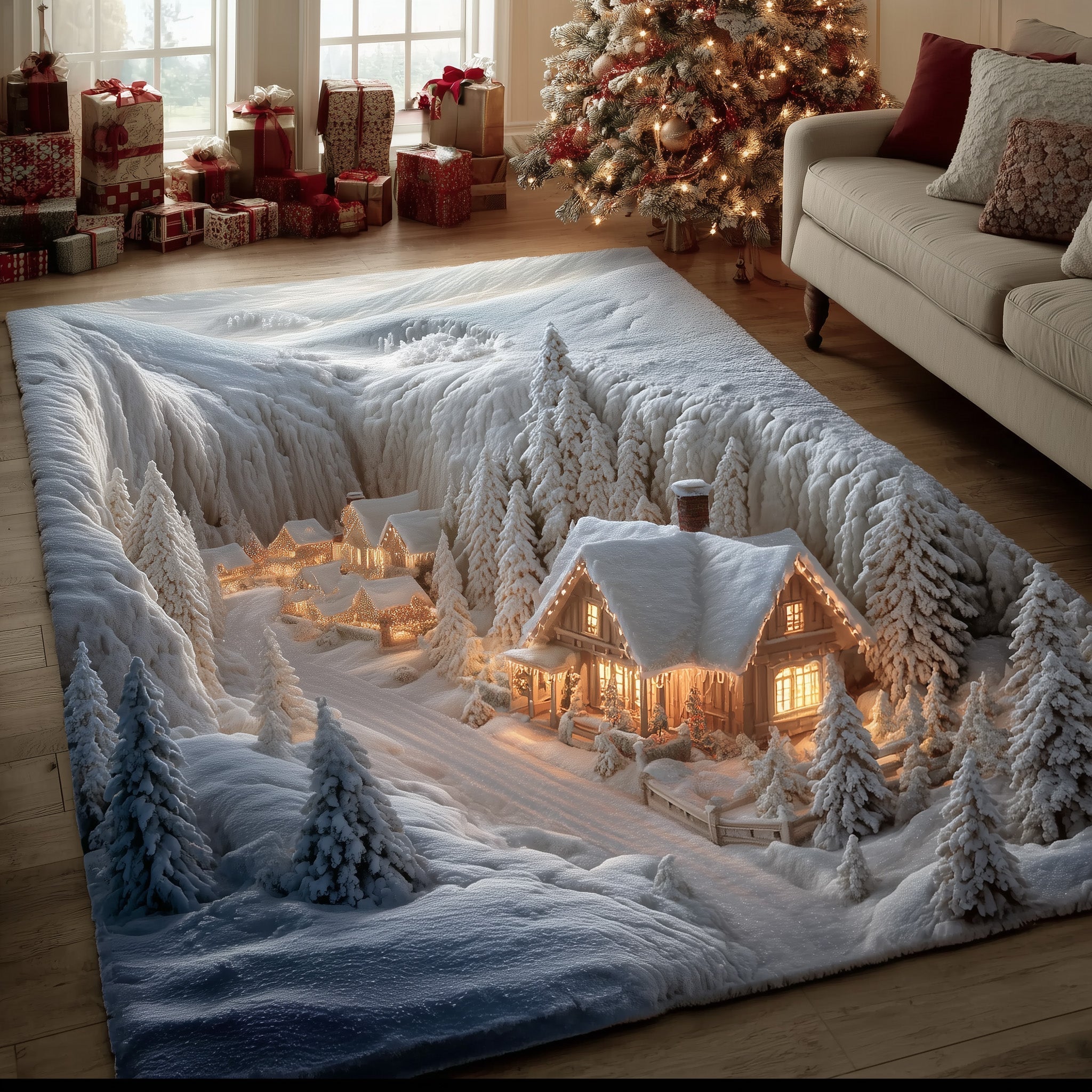 Serene Village Area Rug - Non-Slip Washable 3D Print Rug for Living Room & BedroomTVC2108365