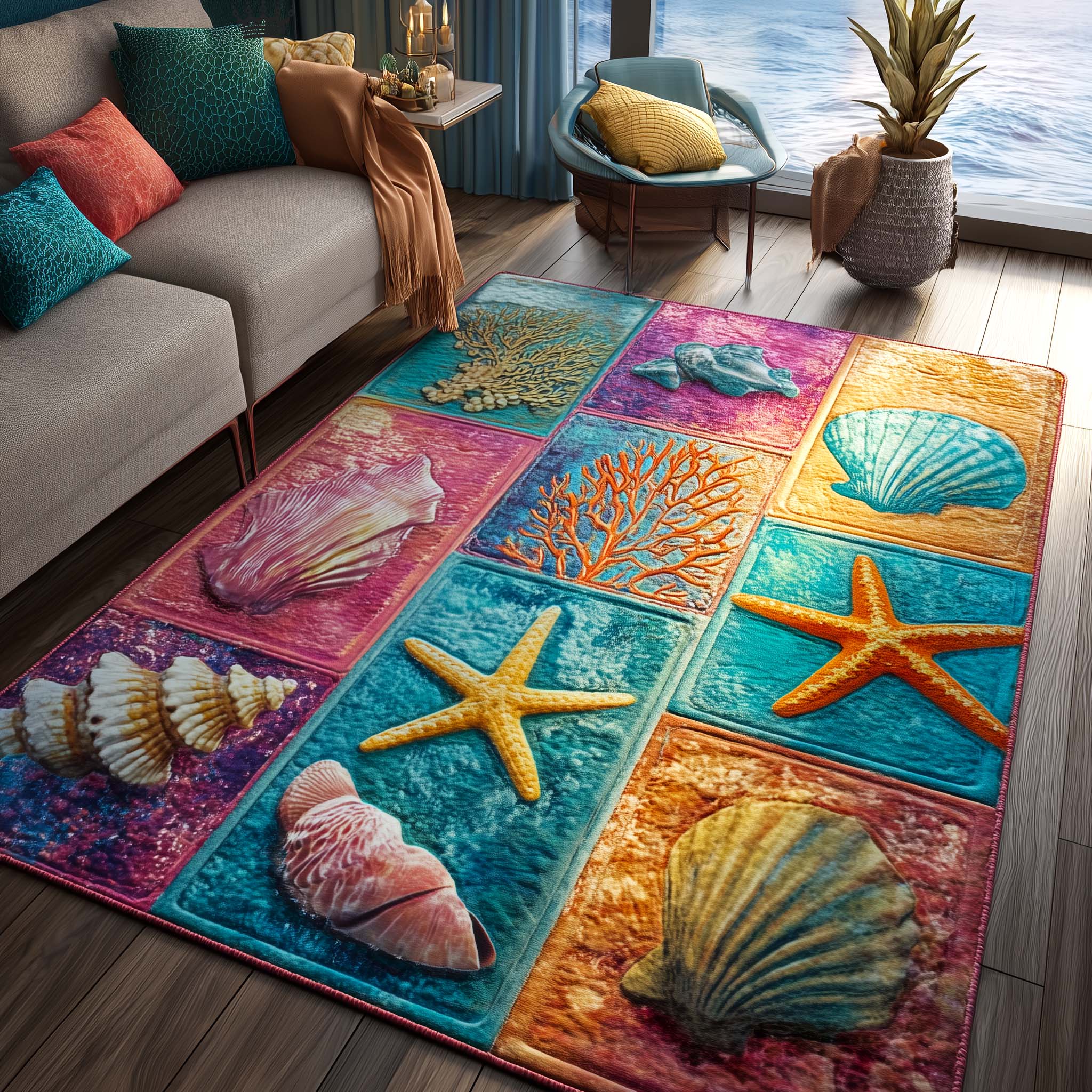 Shoreline Gems Area Rug - Non-Slip Washable 3D Print Rug for Living Room & BedroomTVC2108228