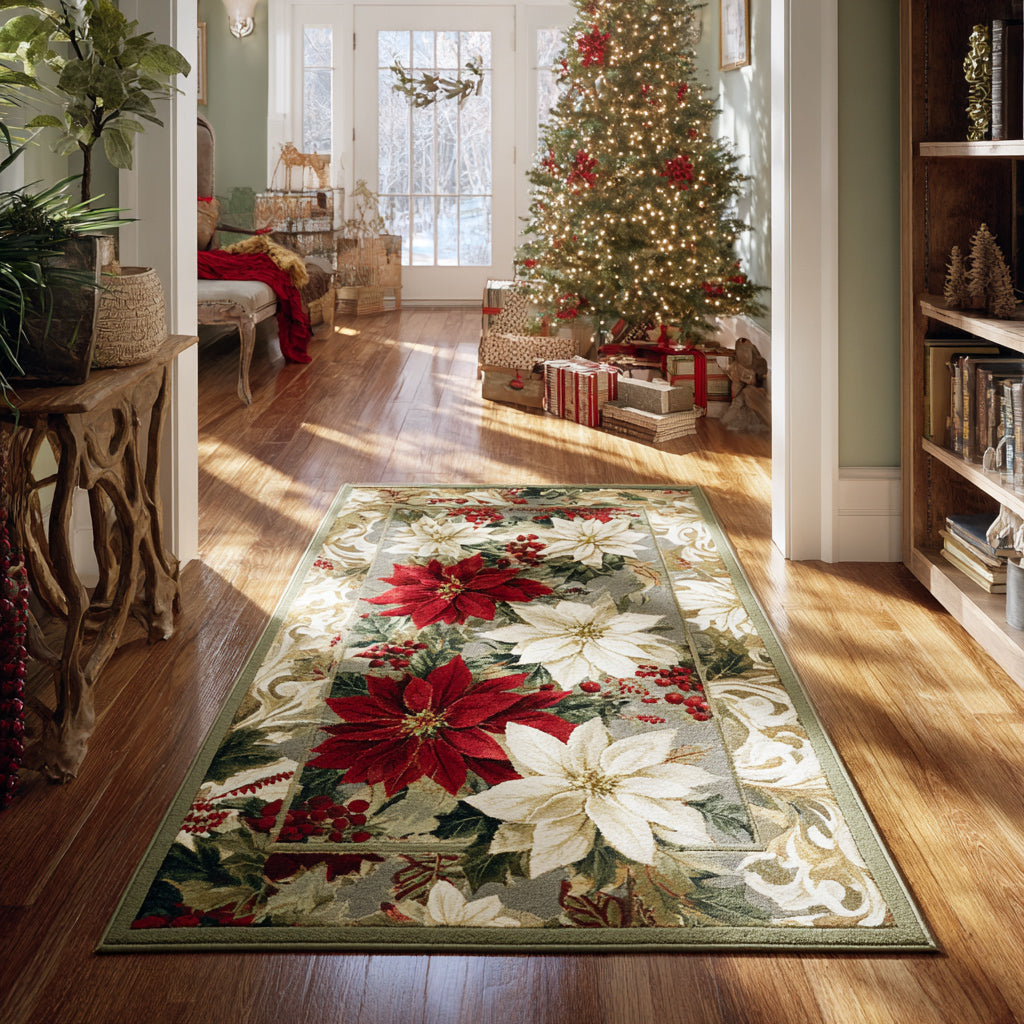 Silver Poinsettia Path Area Rug - Non-Slip Washable 3D Print Rug for Living Room & BedroomTVC2108269