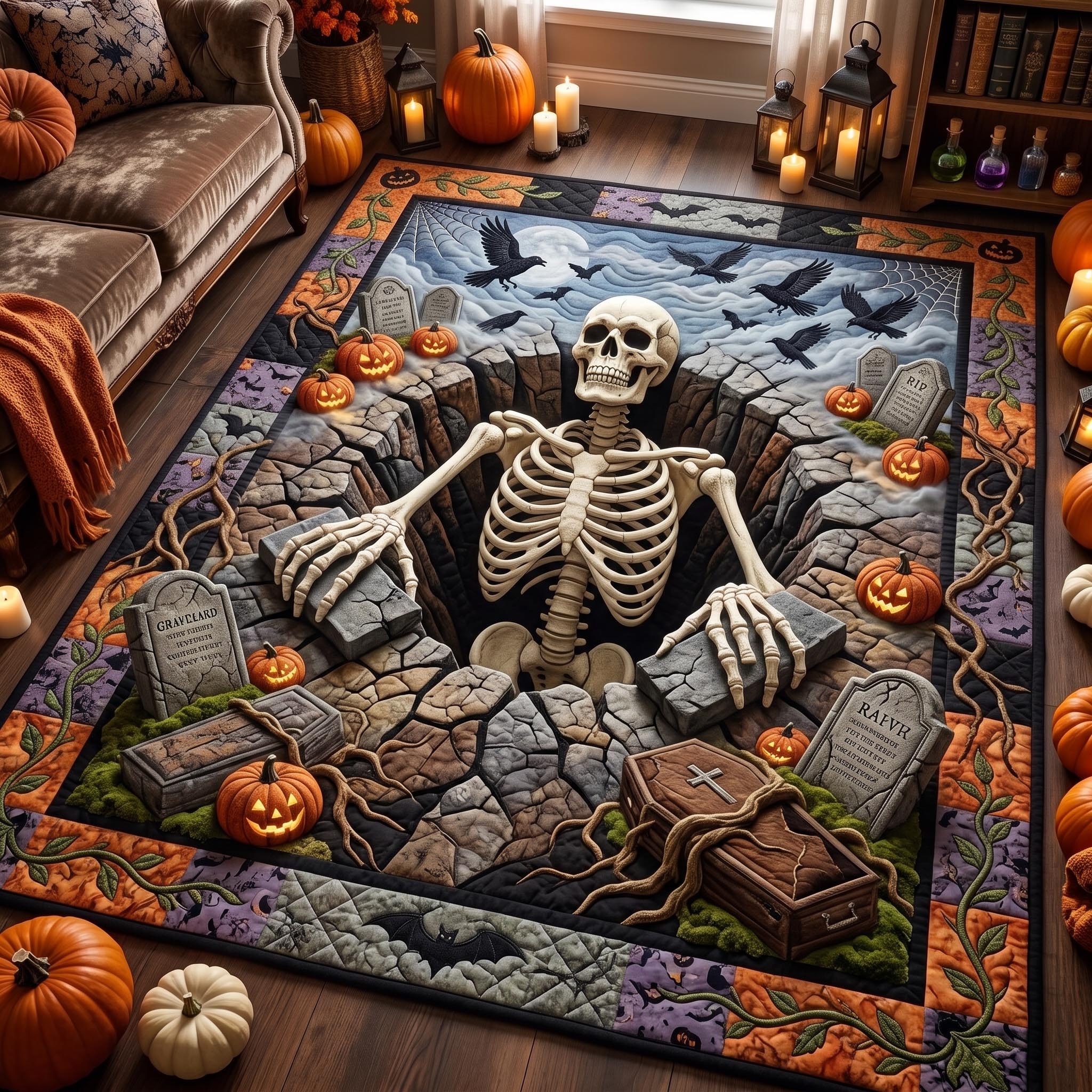 Skeleton Charm Halloween Area Rug - Non-Slip Washable 3D Print Rug for Living Room & BedroomTVC2108394