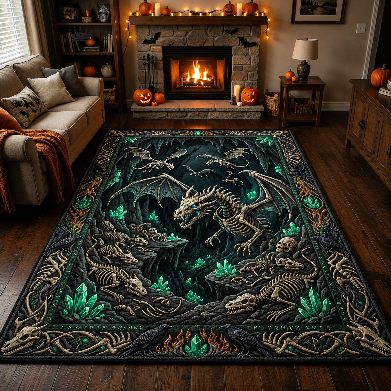 Skeleton Dragon Graveyard Halloween Area Rug - Non-Slip Washable 3D Print Rug for Living Room & BedroomTVC2108364
