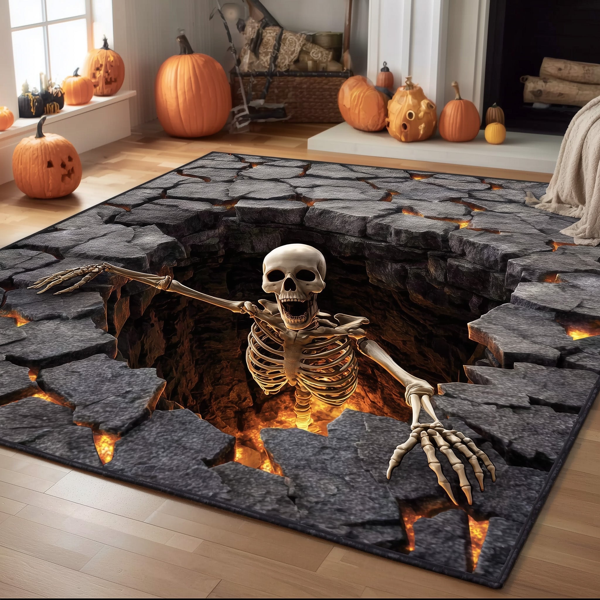 Skeleton Halloween Area Rug - Non-Slip Washable 3D Print Rug for Living Room & Bedroom (DesignTVC2108394