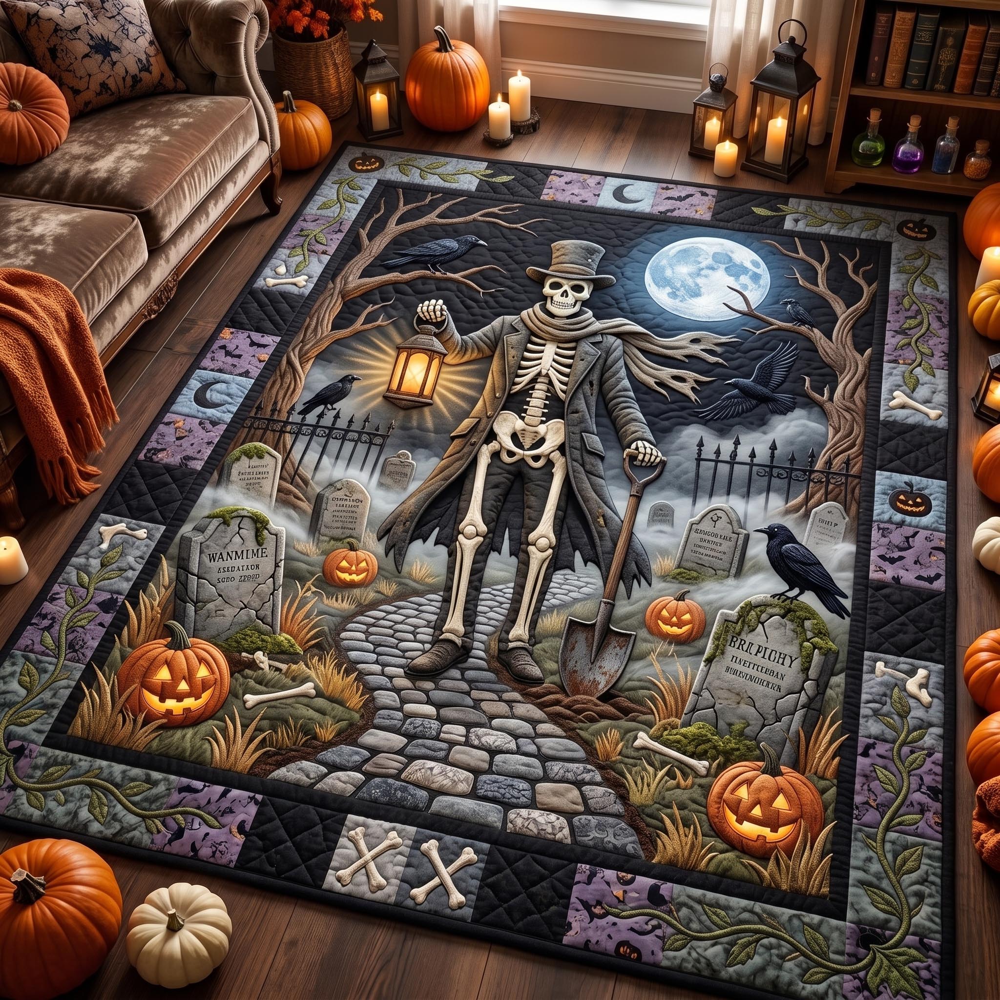 Skeleton Harvest Halloween Area Rug - Non-Slip Washable 3D Print Rug for Living Room & BedroomTVC2108394
