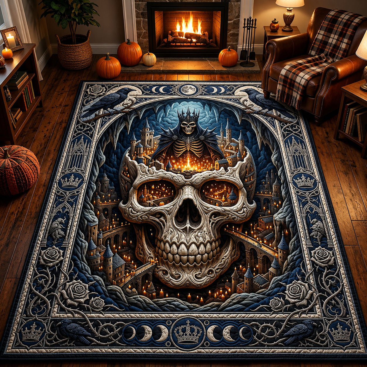 Skeleton Kingdom Inside Giant Skull Halloween Area Rug - Non-Slip Washable 3D Print Rug for Living Room & BedroomTVC2108364