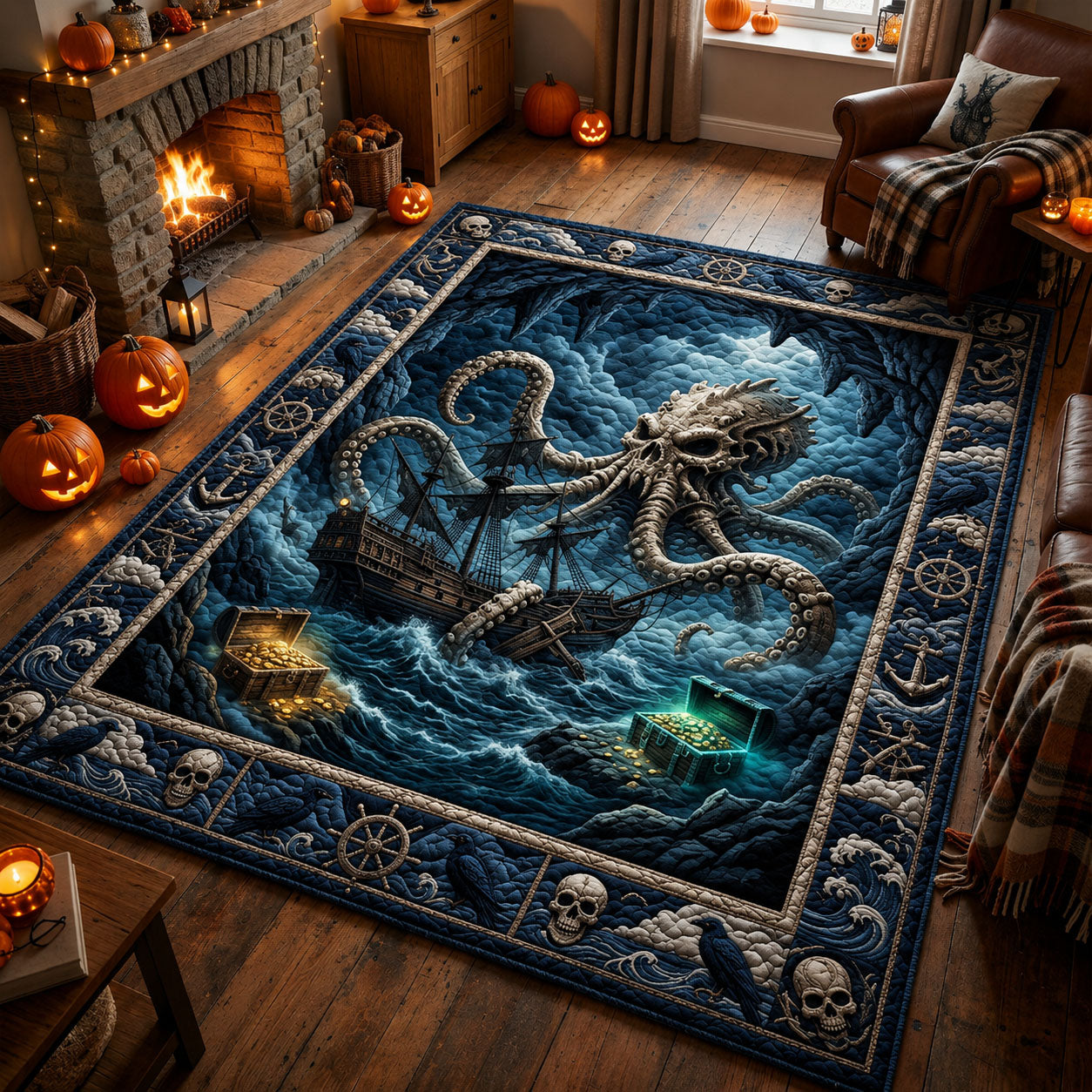 Skeleton Kraken Beneath The Floor Halloween Area Rug - Non-Slip Washable 3D Print Rug for Living Room & BedroomTVC2108364