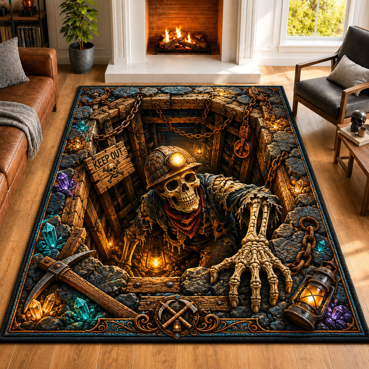 Skeleton Miner Pit 3D Illusion Halloween Area Rug - Non-Slip Washable 3D Print Rug for Living Room & BedroomTVC2108364