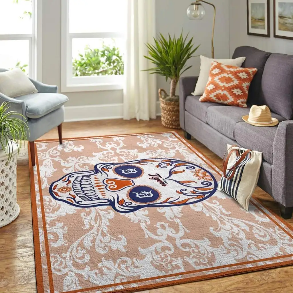 Skull Area Rug Decorative Living Room Floor Mat Beige and Blue