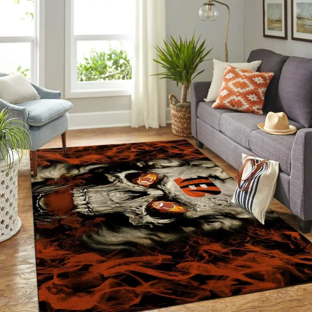 Skull Area Rug Stylish Modern Living Room Decor Black and Orange