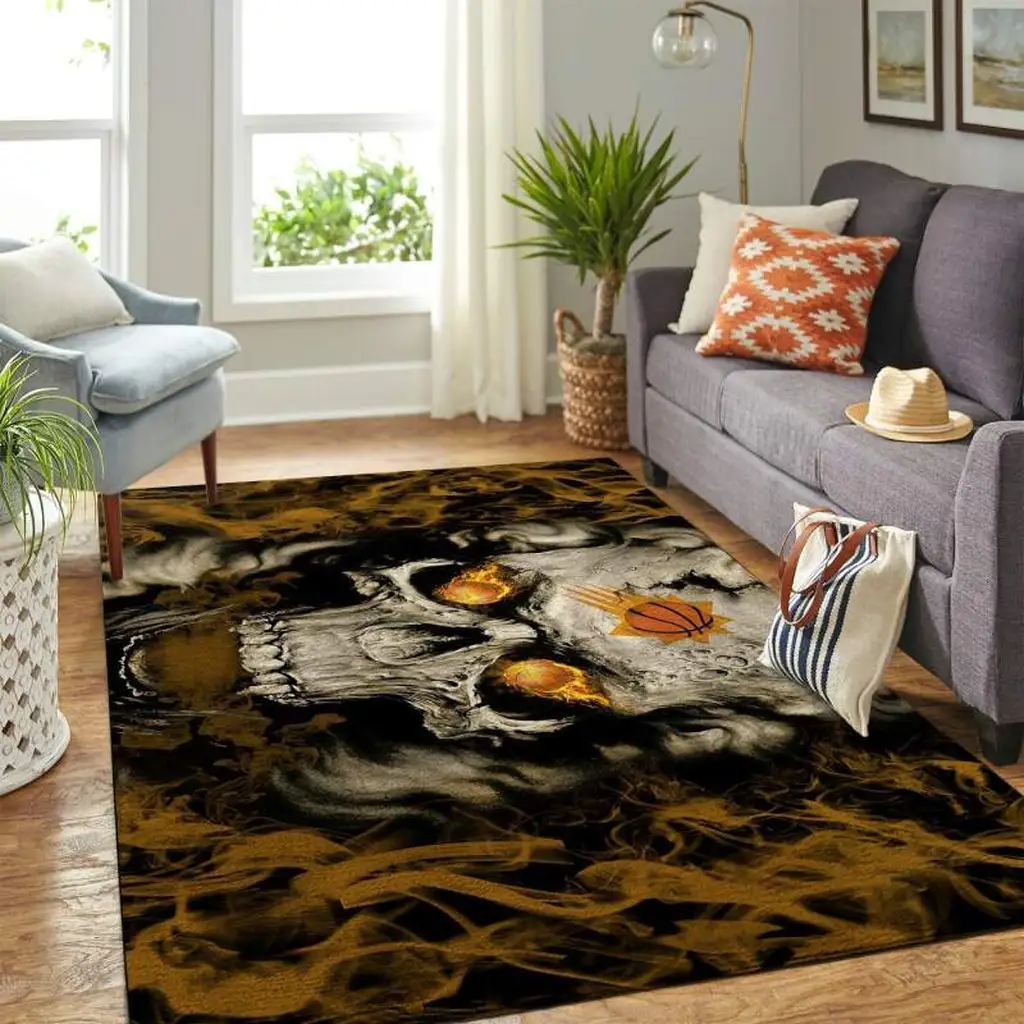 Skull Basketball Themed Area Rug for Living Room Black and Orange